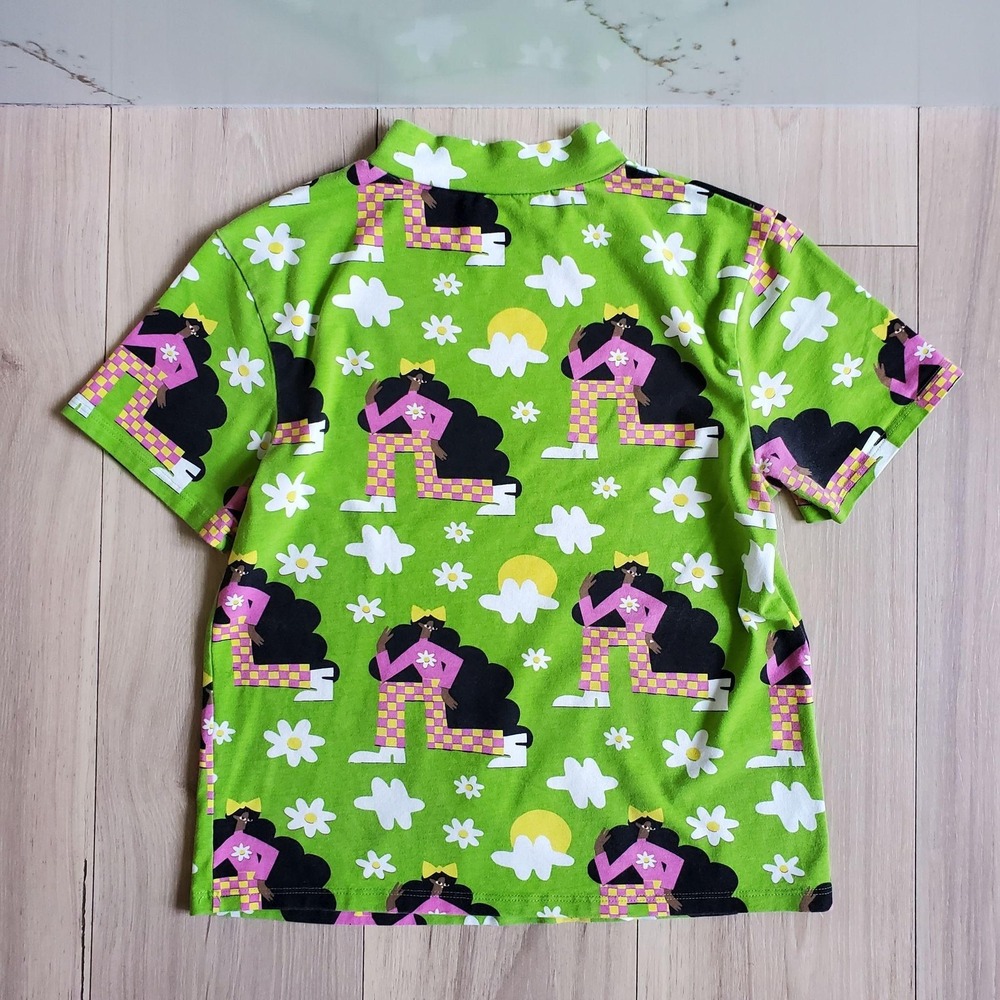 Nooworks Checkered Ladies Shirt Womens M Green Mock Neck Retro Print Tee Top - Picture 2 of 4